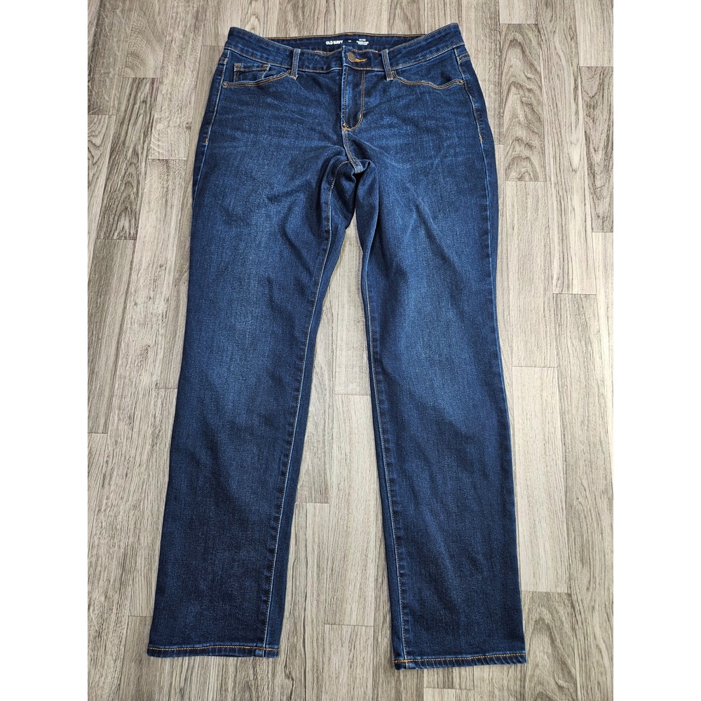 Old Navy Power Slim Straight Jeans Women 10 Blue Mid Rise Dark Wash Denim